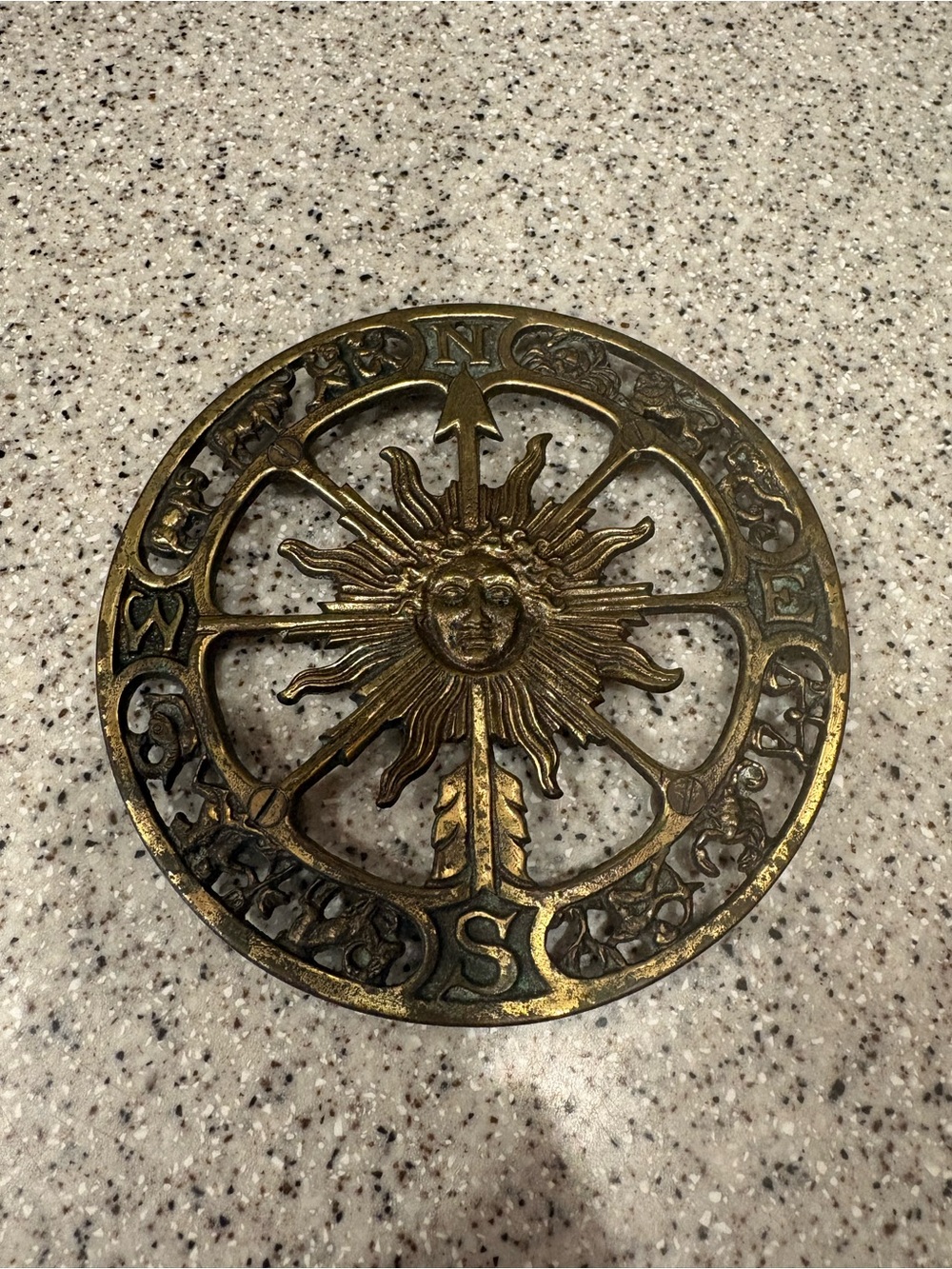 Vintage 1965 solid brass zodiac and sun compass trivet Keeler Brass Company